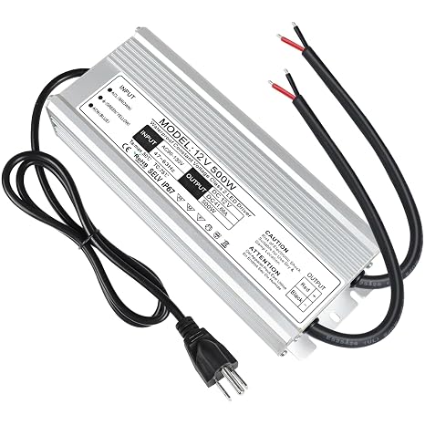 LightingWill LED Driver 500 Watts Waterproof IP67 Power Supply Transformer, 90-140V AC to 12V DC Low Voltage Output, Adapter with 3-Prong Plug 3.3 Feet Cable for Outdoor Use, Computer Project