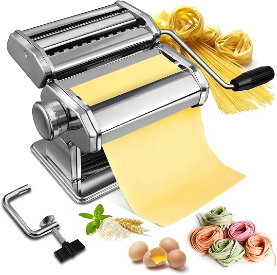 Manual Pasta Maker, Soldow 150 Roller Pasta Machine Stainless Steel, Thickness Adjustable Noodles Maker for Homemade Spaghetti, Fettuccini, Lasagna, Includes 2 in 1 Cutter, Removable Handle and Clamp