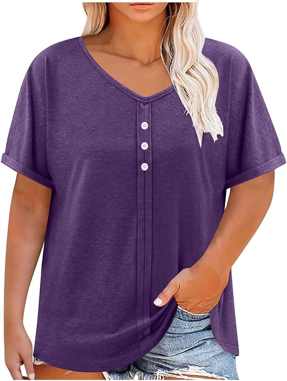 Women Plus Size Summer Shirts Trendy Button Down V-Neck Short Sleeve Oversized Tops Casual Loose Lightweight Clothes