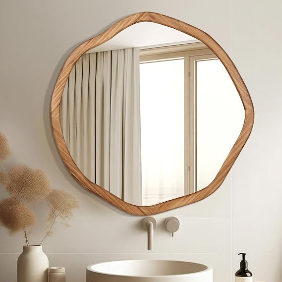ULIKE Irregular Round Wood Mirror 24 Inch, Rustic Brown Wall Mirror