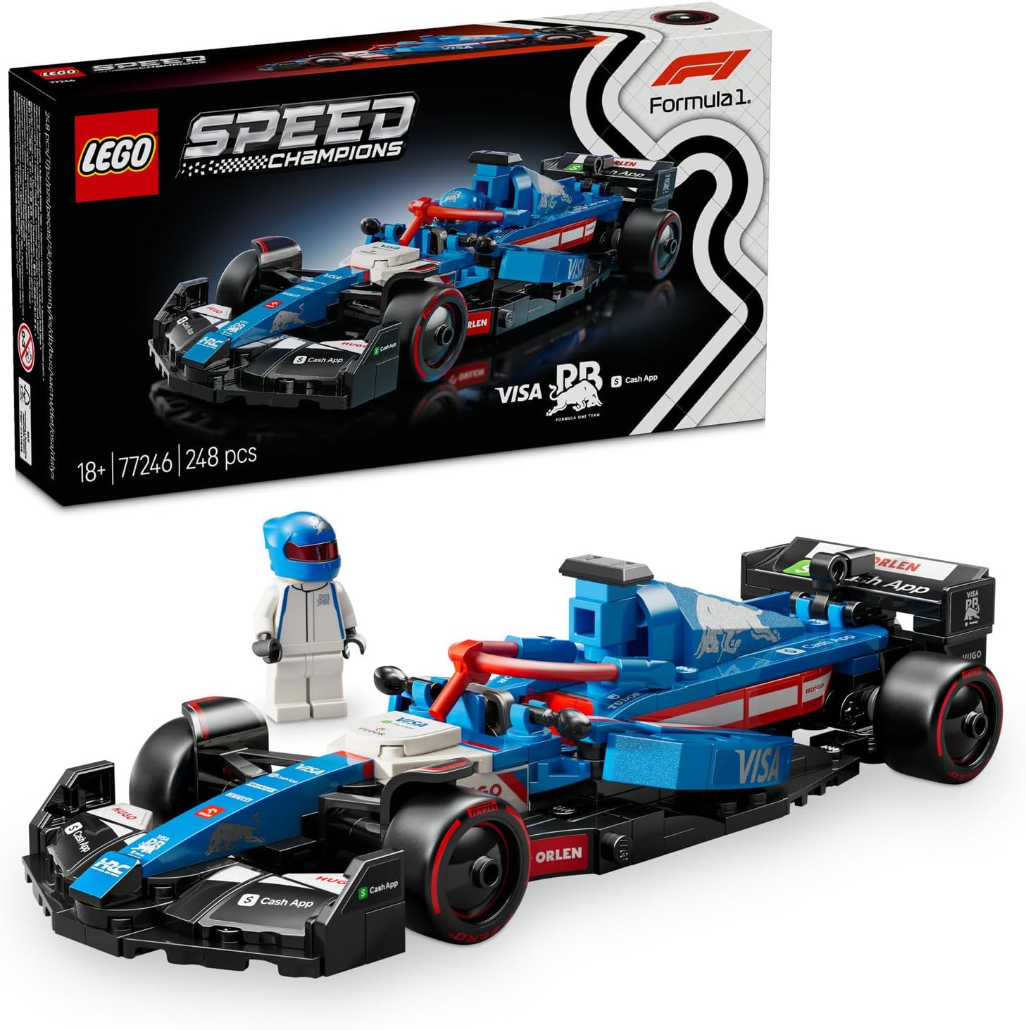 LEGO Speed Champions Visa Cash App RB VCARB 01 F1 Race Car 77246 – Collectible Creative Model Building Set 248 Pieces Including RB Suit and Winged Helmet Wearing Driver Minifigure for Adults