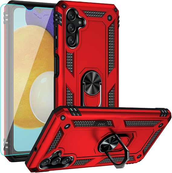 for Galaxy A13 5G Case,with HD Screen Protector,[Military Grade] Ring Car Mount Kickstand Hybrid Hard PC Soft TPU Shockproof Protective Case for Samsung Galaxy A13 5G (Red)