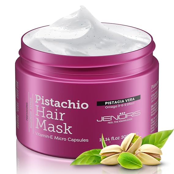 Jenoris Pistachio Hair Mask for Dry Damaged Hair Deep Conditioning Hair Mask Treatment with Pistachio Oil & Vitamin E, For Color-Treated Hair, For Hair Repair, Paraben & Salt Free, 10.14 Fl Oz