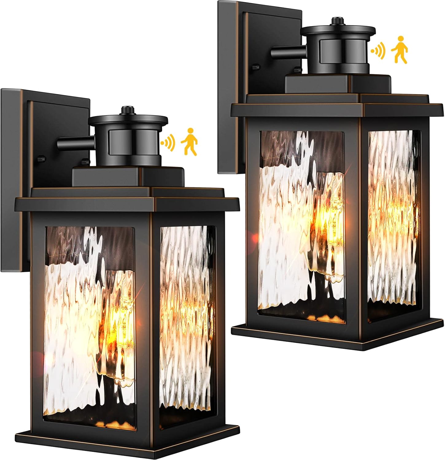 VIANIS Motion Sensor Exterior Lights for House, 2 Pack Dusk to Dawn Porch Lights Sconce Outdoor, Moden Black Outdoor Sconce Lights Lantern with Tempered Glass for Garage, Patio, Waterproof