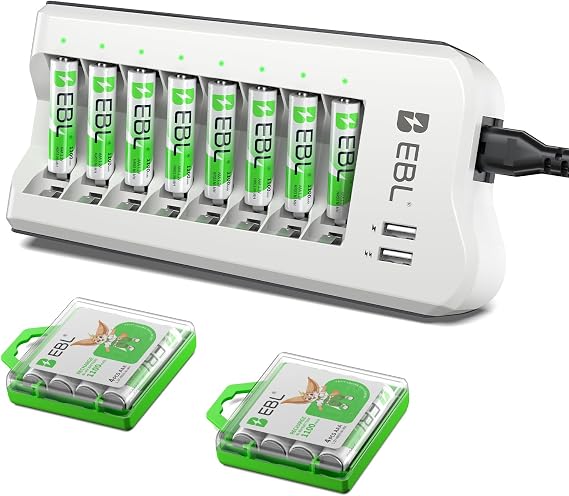 EBL 1100mAh NiMH AAA Rechargeable Batteries (16 Pack) and Rechargeable AA AAA Battery Charger with 2 USB Charging Ports