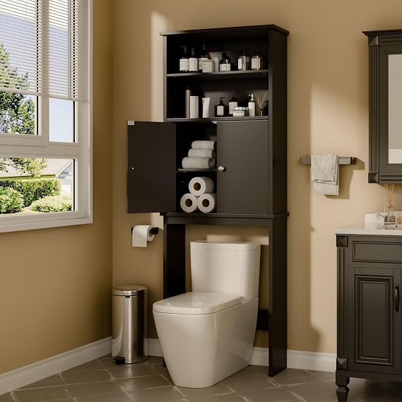 Walsunny Over The Toilet Storage Cabinet, Bathroom Organizer with Open Shelves and Double Doors, Space Saving Toilet Storage