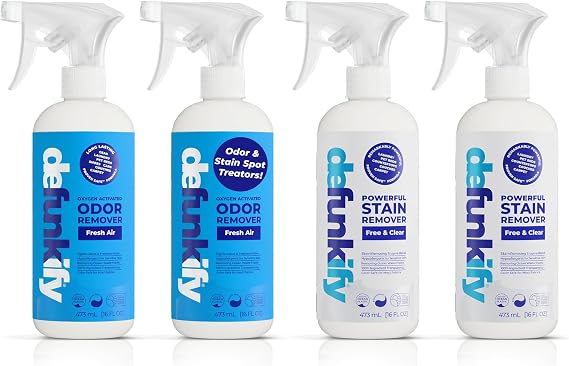 Get Stinky Bundle- 2Pk 'Fresh Air' Essential Oil Odor Eliminator Deodorizer & 2Pk Laundry Stain Remover, Spot Treater Prewash Detergent Cleaning Spray for Fabric, Sensitive Gear, Activewear