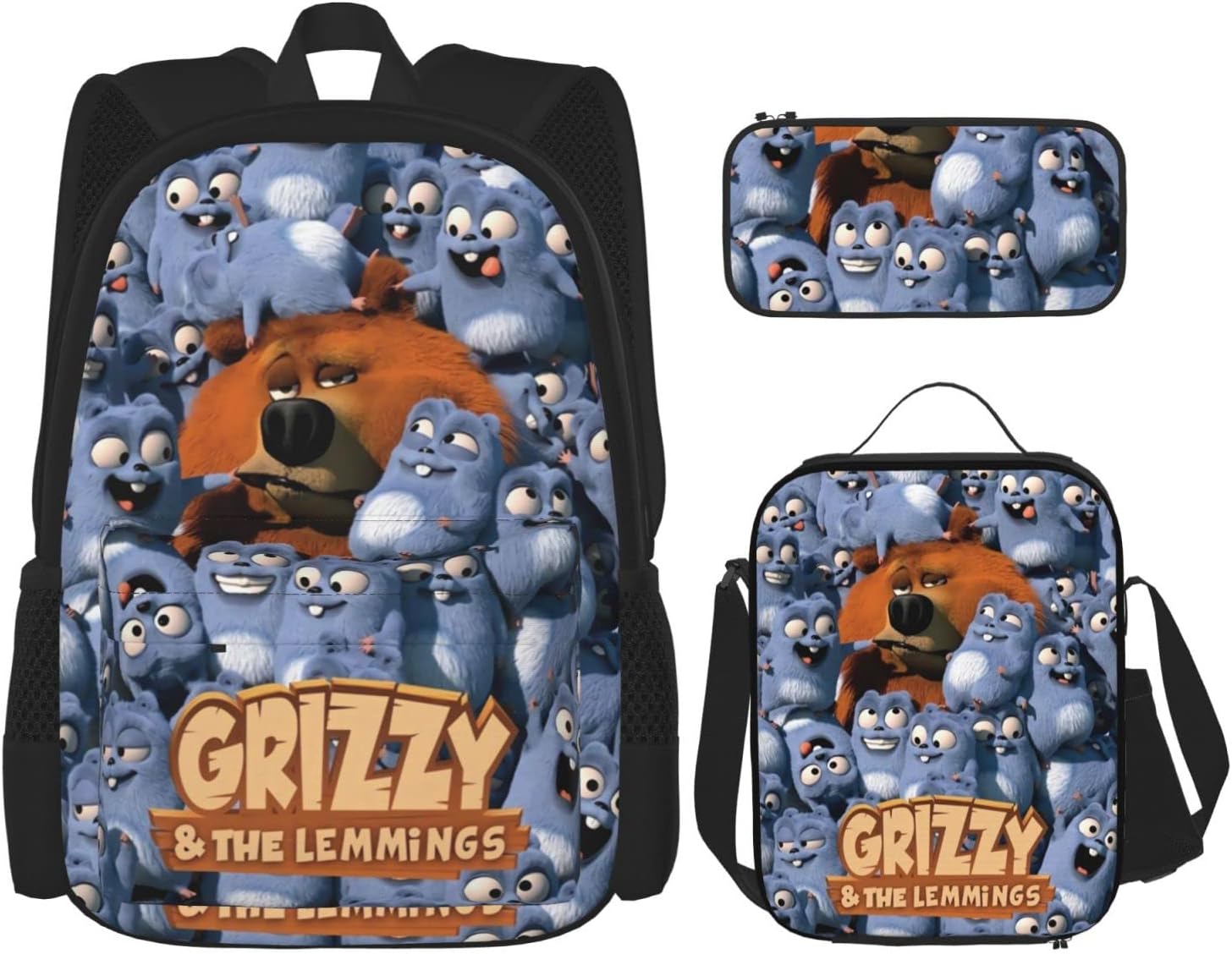 Backpack 3 Piece Set Grizzy and Anime The Lemmings Laptop Backpack Pencil Case Lunch Bag Combination For Travel Work Camping