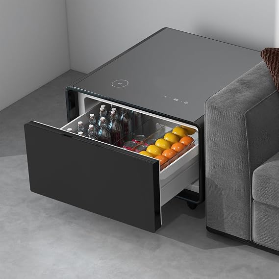 Smart Side Table with Built-in Fridge, Nightstand Fridge, Smart Coffee Table, Mini Fridges Nightstand, Wireless Charging, Temperature Control, Power Socket, USB Ports, Outlet Protection (Black)