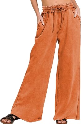 Ainangua Women Acid Wash Palazzo Sweatpants Casual High Waist Drawstring Wide Leg Pants Baggy Fleece Trousers with Pockets