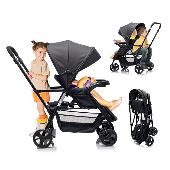 Double Stroller for 2 Kids with Standing Platform | Lightweight Travel Folding Stroller for Toddler ,5-Point Harness,Canopy,Kids Tray,Storage