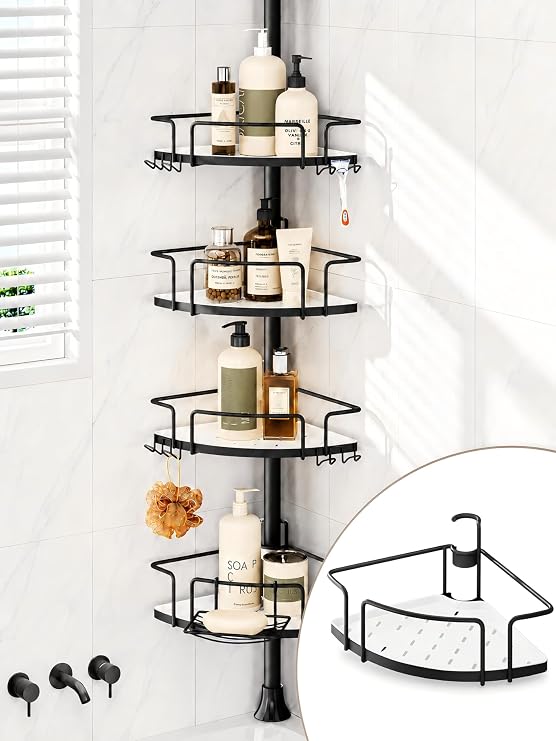 ALLZONE Corner Shower Caddy Tension Pole, 4 Hang-On Basket with Mixed-Height Shelves for Various Bottle Sizes, Extra Hooks & Soap Holder, Rustproof Stainless Steel, Fits 34116 Inch, Black/White