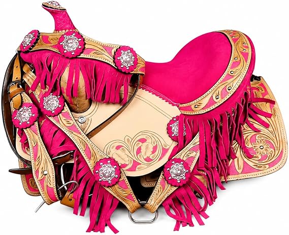 Classic Barrel Racing Western Horse Saddle Starter Kit Pink/Beige Leather English Riding Horse Saddle Tack Set Equestrian Horse Riding Saddle Combo Pack Set of 4 pcs