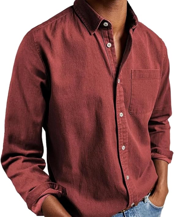 Mens Cotton Shirts Long Sleeve Solid Casual Button Up Fashion Collared Shirt with Chest Pocket