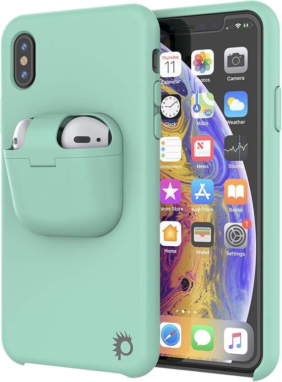 PunkCase for iPhone Xs Max for Airpods Case Holder (CenterPods Series) | Slim & Durable 2 in 1 Cover for iPhone Xs Max (6.5") | Protects Your Phone & Stores Your Pods Gen. 1 & 2 [Teal]