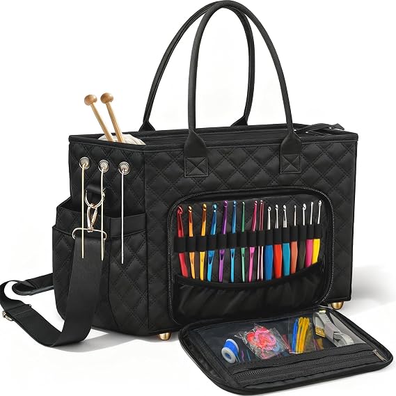 Crochet Bag Yarn Storage, Large Knitting Tote with Padded Crochet Hook Organizer, Tote with Multiple Compartments for Crochet Lovers, Knitting Accessories