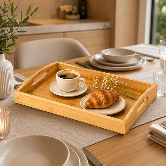%100 Doğal Bambu Servis Tepsisi 33 x 22 cm, Kulplu Kahvaltı Tepsisi, Çay ve Kahve Sunum Tepsisi, Hafif ve Dayanıklı Çok Amaçlı Bambu Tepsi