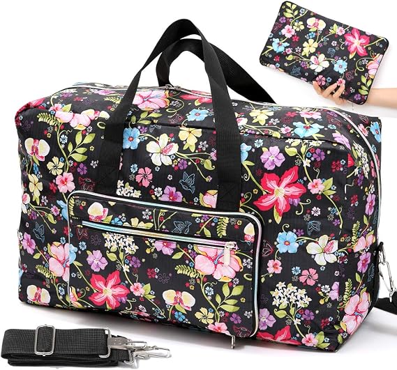 Foldable Travel Duffle Bag for Women Girls Large Cute Floral Weekender Overnight Carry On Bag for Kids Checked Luggage Bag (A-Black Flower)