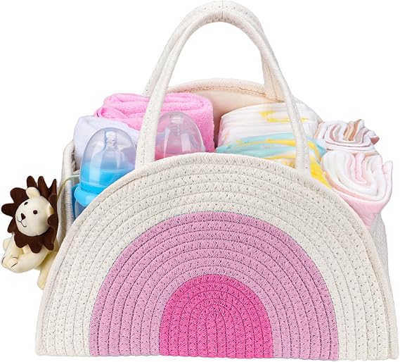 Baby Diaper Caddy- With Removable Dividers, Nursery Storage Bin and Car Organizer,Boy & Girl Shower Gift Basket,Portable Organizer,Nursery Essentials-Rainbow Pink