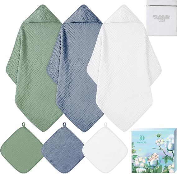 Soft Hooded Baby Towels for Newborn Babies 6 Pack 100% Cotton Muslin Baby Bath Towel with Hood, Absorbent Baby Bath Towels for Boys and Girls (Blue & Green & White)
