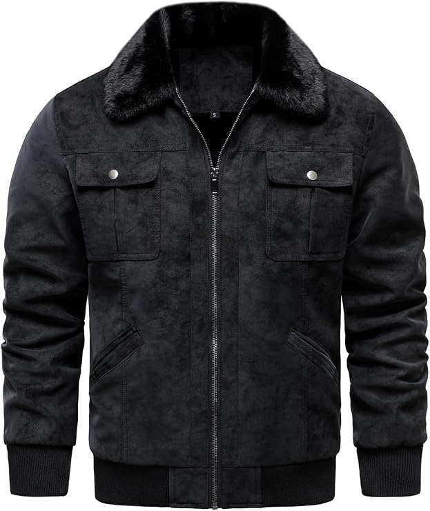 HOOD CREW Mens Faux Suede Bomber Jacket Vintage Leather Jackets