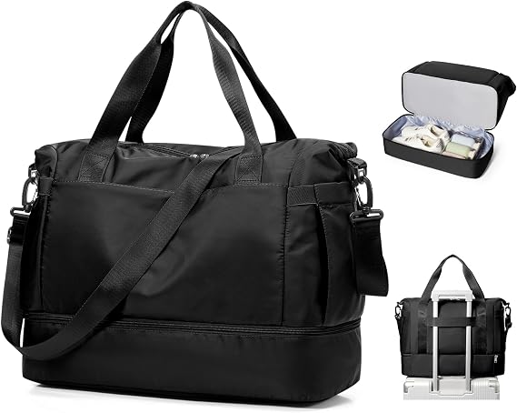 Small Black Gym Duffle Bag for Women Men with Shoe Compartment, Mini Cute Weekender Handbag Carry on Travel Bag for Airplane, Water Resistant Sports Yoga Tote Bag with Dry Wet Separated Pocket.