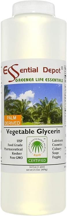 Vegetable Glycerin - 1 Pint - VG from RSPO Sustainable Palm - Non GMO - Kosher - USP - Food Grade - Kosher - Halal Acceptable - Pharmaceutical Grade - Safety Sealed Resealable HDPE Container