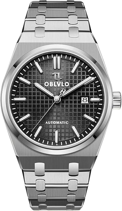 OBLVLO Automatic Watch, Stainless Steel Band, White Dial with Date Display, Steel