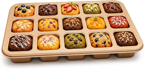 Brownie Pan 12 Cavity, Square Cupcake Brownie Pans, Non Stick Carbon Steel Baking Tray for Brownies, Cakes, Cookies (Gold)
