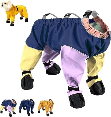 Dog Snowsuit with Attached Boots,Waterproof Anti-Slip One-Piece Suit with Adjustable Suspenders,Outdoor Winter Snow Rain Hiking Walking Paw Protectors for Small to Medium Dogs #A,M