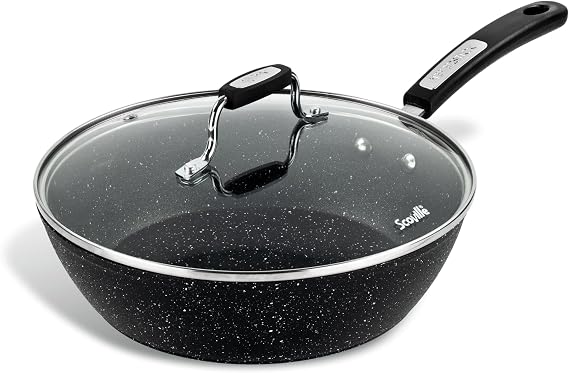 Scoville NEVERSTICK 26cm Sauté Pan with Lid, Non-Stick Deep Frying Pan, Suitable for All Hobs Including Induction, Rapid Heat Conduction, PFOA Free, Dishwasher Safe, Aluminium, Black
