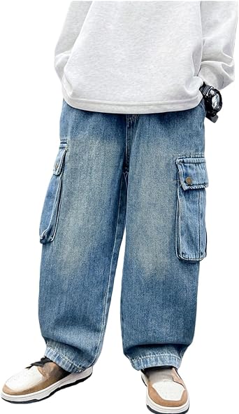 Boys Baggy Cargo Jeans Washed Vintage Wide Leg Streetwear Denim Pants Kids Multi Pockets Fit Retro Fashion Trousers
