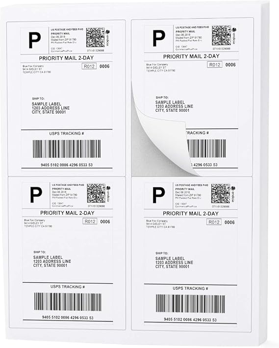 Buhbo 4-up Shipping Labels - Laser & Inkjet Printers- 100 Sheets / 400 Labels