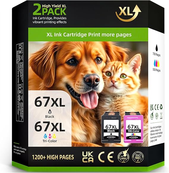 Premium Printer Ink 67XL Compatible with HP 67 67XL Ink Cartridges, Black and Tri-Color Replacement, Fit for DeskJet 2700e 2700 2855e 2755e 2755 4155e 4255e, Envy 6000 6055e 6400 (2 Pack)