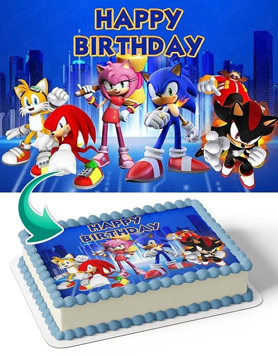 CAKECERY Sonic Retro Style Game Edible Cake Image Topper Birthday Cake Banner 1/4 Sheet