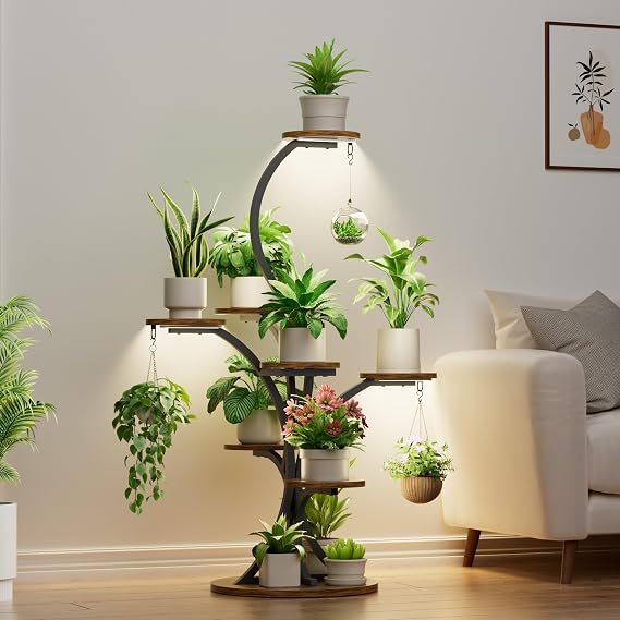 Plant Stand Indoor with Grow Lights - 8 Tiered Tree-Shaped 46.3" Tall Corner Plant Shelf, Grow Light Shelf Display for Indoor Plants Multiple, Flower Holder for Living Room Patio Balcony Decor
