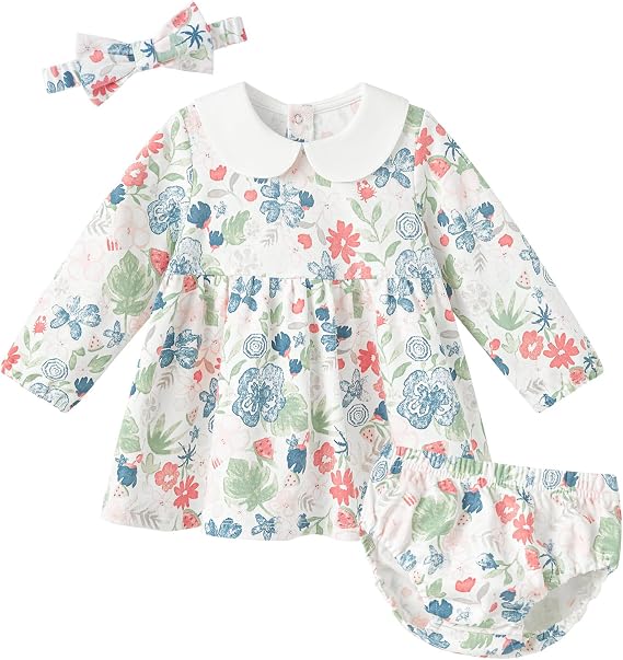 pureborn Baby Girls Dress Outfit Set Infant Playwear Dresses 0-24 Months | 100% cotton gentle on skin, short & long sleeve, 2pc dress & bloomers, 3pc with headband