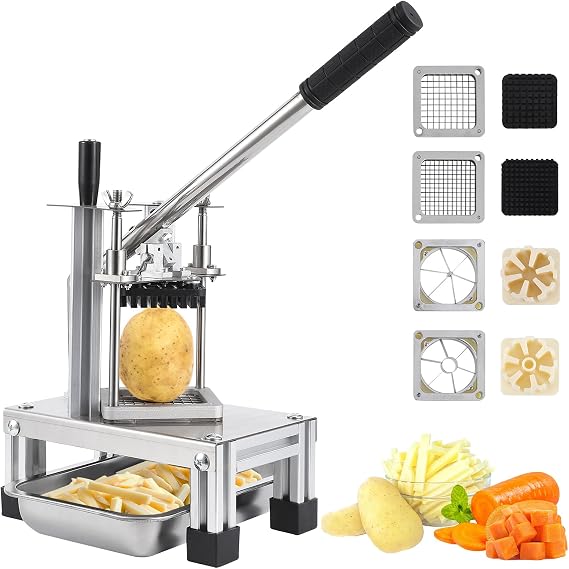 Commercial Vegetable Fruit Chopper, Stainless Steel French Fry Cutter Manual Potato Dicer Slicer with 4 Replacement Blades, 3/8", 1/4", 6-Wedge Blades for Restaurants Home Kitchen