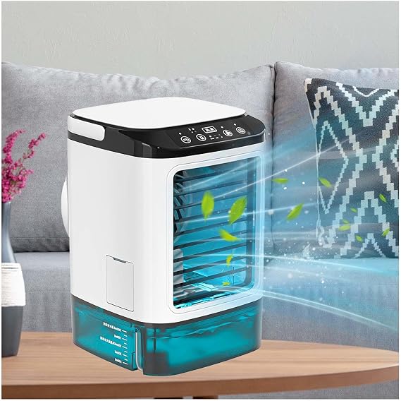 Cooling Fan with Ice Box and Mist Function 2024 Upgraded Cooling Sensation, 4 in 1 Device Cooling Fan, Silent Noise Reduction, 900 ML Water Tank, 3 Levels of Wind Speed, 7 Color LEDs, Mobile Small