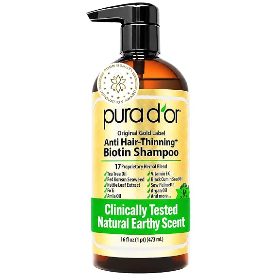 PURA D'OR Original Gold Label Anti-Hair Thinning Biotin Shampoo, 16oz | Fuller-Looking Volume, Clinically Tested, Saw Palmetto, Nettle, Aloe Vera Base, Men & Women, Sulfate-Free, Paraben-Free