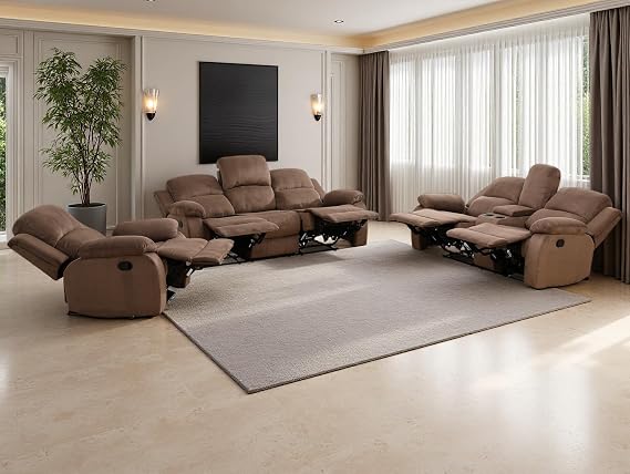 Fabric Recliner Sofa Set Manual Reclining Sofa Set Living Room Furniture Sets Modern Reclining Couch Set with Cup Holders/Storage Console/Drop Down Table for Home/Office (Chocolate, 3PCS Set)