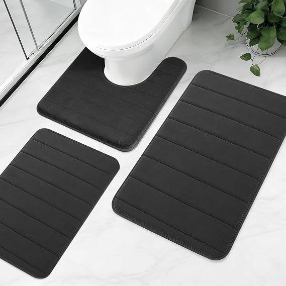 3 Piece Non-Slip Bath Mat Set, Luxury Thick Memory Foam Bathroom Rugs, Water Absorbent Soft Shower Mat Machine Washable Toilet Mat for Bathroom Floor, Black | Thick Memory Foam, Extra Soft, Machine Washable Black Floor Mats +Toilet Rug for Bathroom Shower Bathtub Sink