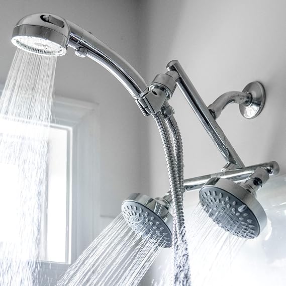 High Pressure Double Shower Heads with Handheld Spray. Adjustable Ball Joint and Detachable Head with Pressure Control Valves for an Enjoyable Spa Bathing Experience.