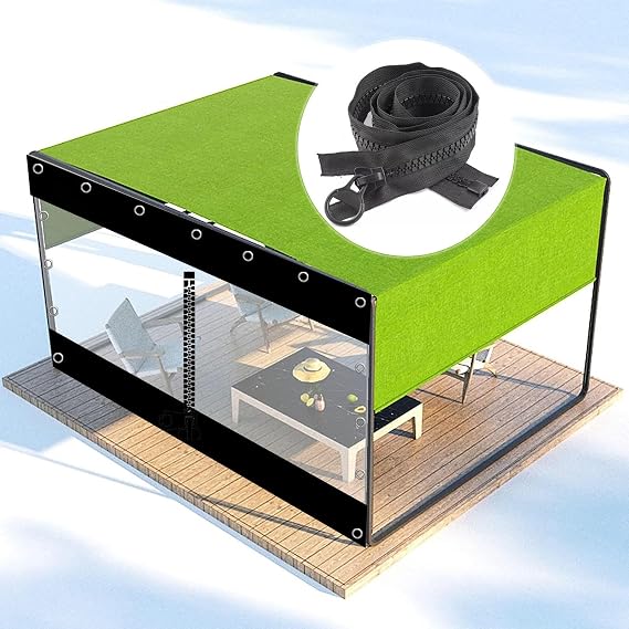 Outdoor Tarp Curtains with Zip,0.3mm PVC Waterproof Transparent Tarpaulin Side Panels,Pergola Gazebo Patio Porch Carport Black Clear Tarpaulin,with Grommets,Weatherproof,WH-10.8m(3.3 * 2.6ft)