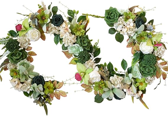 70" Sage Green Rose Garland for Wedding - Emerald Floral Garland for Table Centerpiece, Artificial Greenery Rose Garlands for Decoration, Flower Garland for Wedding Arch, Mantle & Garden Party