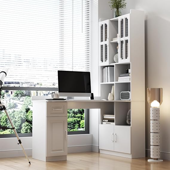 JOYSOURCE Executive Desk with Hutch, Bookshelf, Cabinet, Drawer & Cable Management Big Office Computer Desk for Modern Farmhouse Home Office White (Right Hutch)