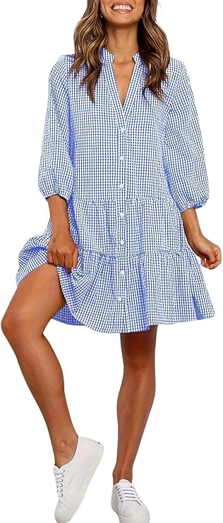 utcoco Women's 2026 Spring Summer Plaid Shirt Dress 3/4 Puff Sleeve Button Down Loose Casual Midi Dress with Pockets