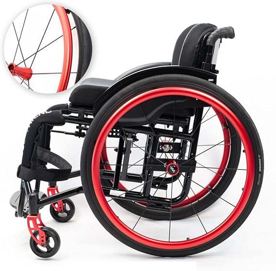 Folding Sports Portable Wheelchairs Aluminum Alloy Wheelchair Manual Wheelchair Handbrakes and Quick Release Rear Wheels & Anti-Tip Wheelsv(Red,Seat Width 38cm/14.69in)