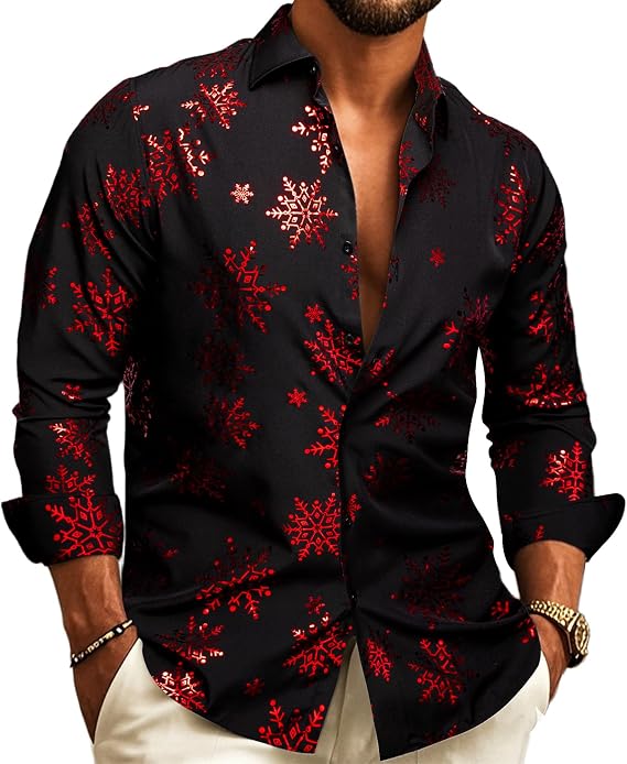 Barry.Wang Mens Christmas Shirts Xmas Holiday Party Button Down Dress Shirts Long Sleeve Snowflake Tree Shirt Halloween