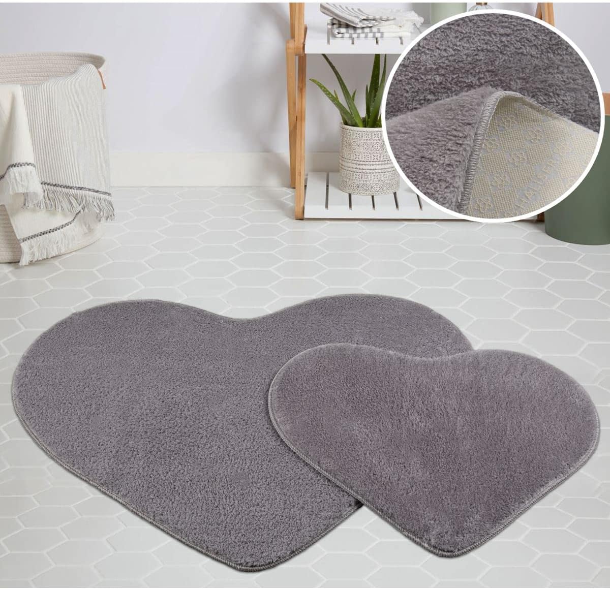 My Evilla Modern Decorative Carpet Gel Anti-Slip Base Plush Puffy Heart Model Gray Mat Set 70x100-70x60